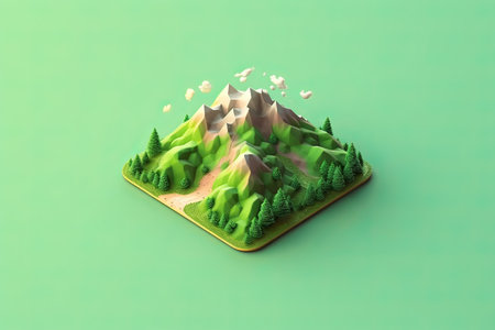 Mountain landscape in paper cut style. 3d render illustration.の素材