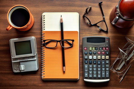 Business still life on a wooden table with calculator, glasses and coffeeの素材
