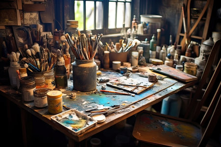 Old artist's workshop with a lot of tools for painting and drawingの素材