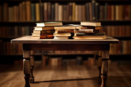 Books on a wooden table in a library. Selective focus.の素材