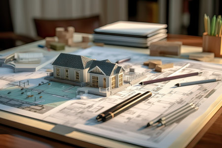 House model and architectural plans on the table. Architectural concept.の素材