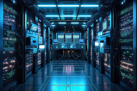 Futuristic server room with servers and datacenter 3D renderingの素材