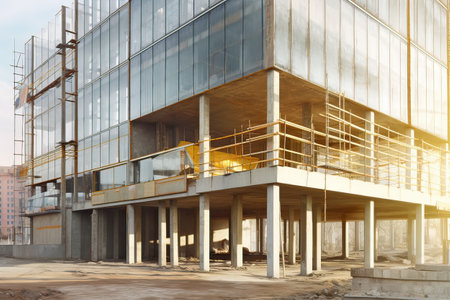 Modern office building under construction, toned image. 3d renderの素材