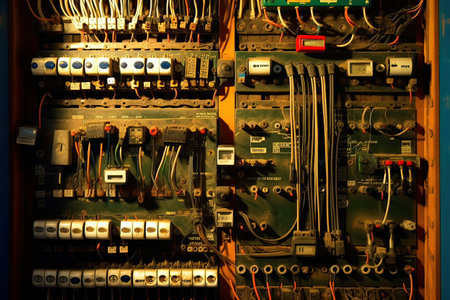 Electrical panel with circuit breakers and wires, closeup of photoの素材