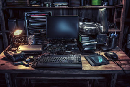 Vintage computer and technology equipment on wooden desk in dark room.の素材