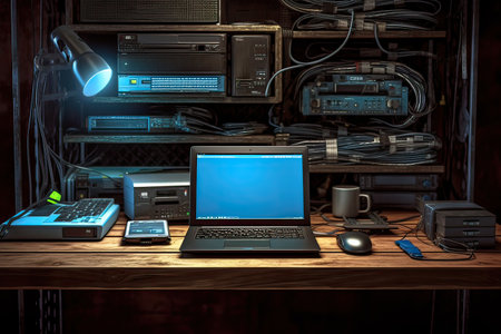 laptop computer on desk in dark room, 3d render illustrationの素材