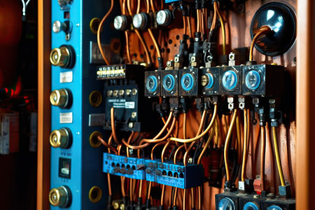 Electrical panel with contactors and wires, closeup of photoの素材