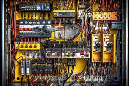 Electrical panel with contactors and circuit breakers. Electrical equipment.の素材