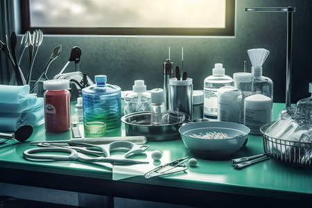 Dental tools and instruments on table in dental clinic. Dentistry concept.の素材