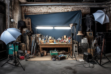 Photography studio with tools and equipment on the table in a loft styleの素材