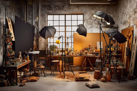 Interior of a pottery workshop with a lot of objects.の素材
