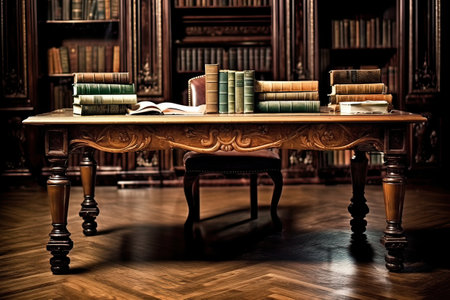 Wooden table with books in a library. 3d rendering.の素材