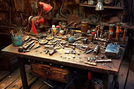 Old tools on the table in the workshop of a craftsman.の素材