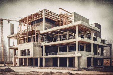 Construction of a modern residential building. Architectural background. Toned.の素材