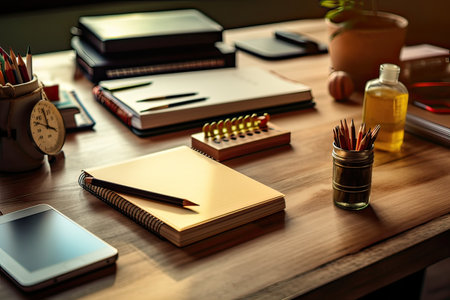 Close up of a wooden office desk with a variety of stationery.の素材