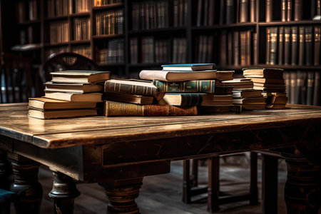 Books on a wooden table in the library. Selective focus.の素材