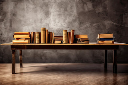 Books on a wooden table against a concrete wall. 3d renderingの素材