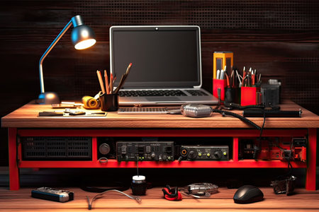Laptop on a wooden desk with tools. 3d rendering.の素材
