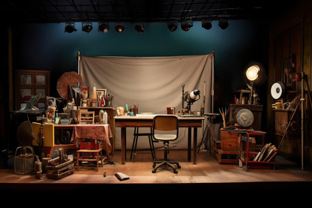Interior of an old school room with a table, chair, armchair, lamp and other itemsの素材
