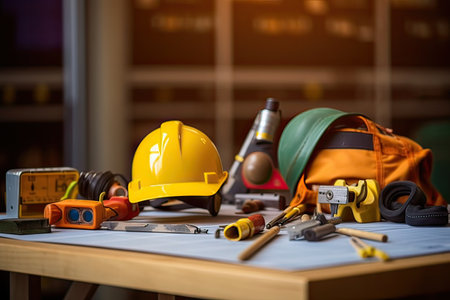 Set of tools on the table in the construction site. Selective focus.の素材