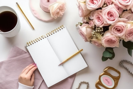 Flat lay composition with notebook, cup of coffee and rose flowers on white backgroundの素材