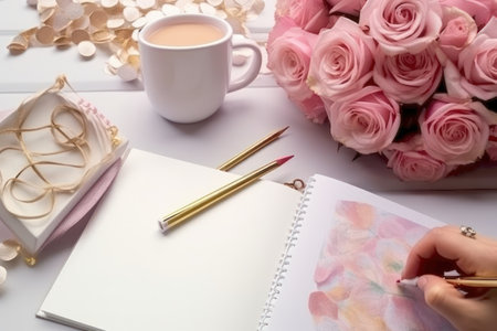 Cup of coffee, notebook and bouquet of pink roses on white wooden tableの素材