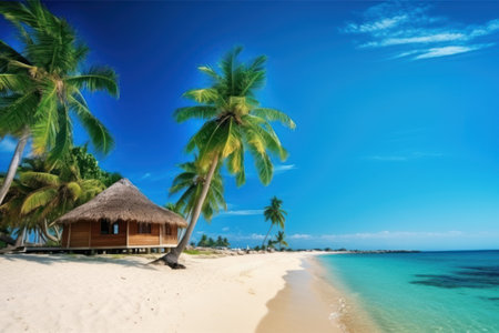 Tropical beach with palm trees and bungalows at sunny dayの素材