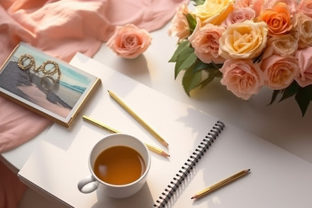 Flat lay composition with cup of tea, notebook, flowers and wedding rings on tableの素材