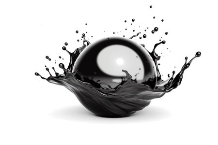 Black sphere with water splash isolated on white background. 3d illustrationの素材