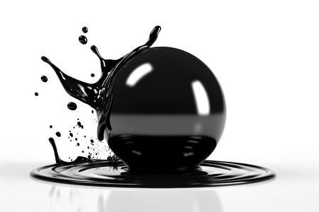 3d rendering of black ball in water splash on white background.の素材