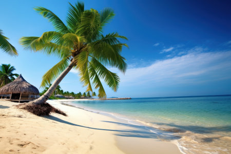 Tropical beach with palm trees, blue sky and white sandの素材