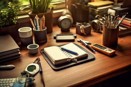 Office desk table with supplies. Photo in old color image style.の素材