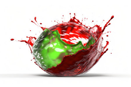 3d render of green ball with red paint splashing on white backgroundの素材