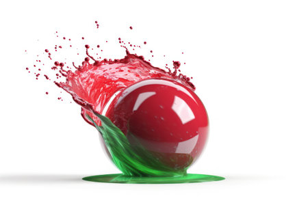 3d rendering of a red ball with green leaves and splashesの素材