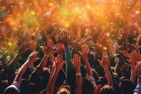 Concert crowd with hands raised at a music festival - Colorful bokehの素材