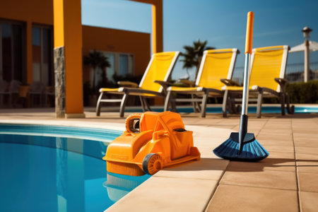 Vacuum cleaner near swimming pool with sun loungers and deck chairsの素材