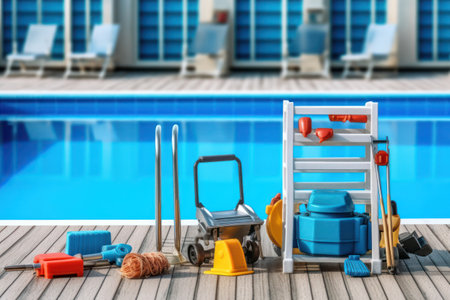 Set of cleaning equipment on wooden deck near swimming pool. 3d renderingの素材