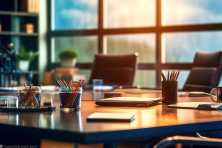 Close up of modern office workplace with blank notepad and other items. Mock up, 3D Renderingの素材
