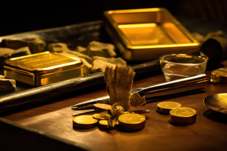 Gold ingots and gold bars on a wooden table. Selective focus.の素材