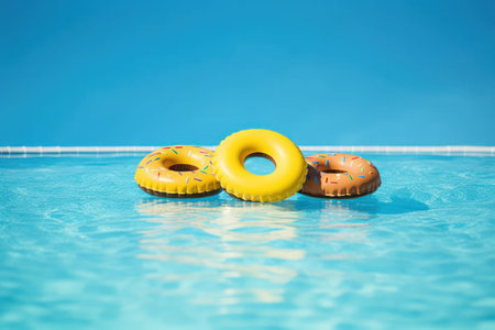 Inflatable donuts floating in swimming pool on blue background.の素材