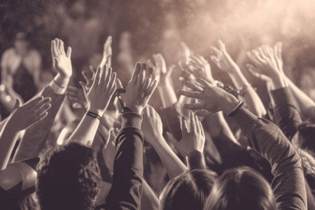 Concert crowd with hands raised at a music festival - vintage filterの素材