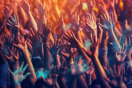 Crowd of people hands raised at a music festival. Music festivalの素材