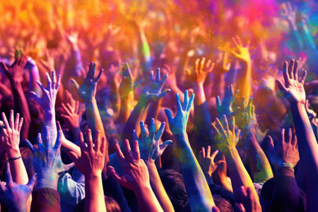 Happy people with raised hands at a music festival. Colorful backgroundの素材