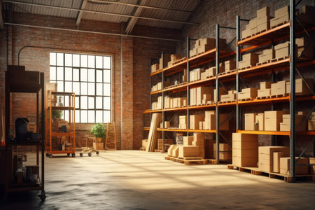 Warehouse interior with shelves and boxes. 3d rendering toned imageの素材