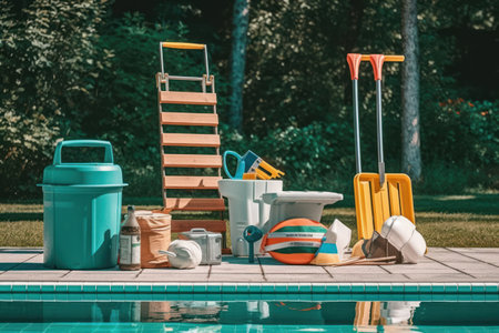 Swimming pool with toys and equipment. Vacation concept. Toned.の素材
