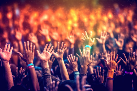Crowd with hands raised at a music festival. Colorful backgroundの素材