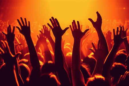 Crowd cheering at a music festival and raising hands in the airの素材