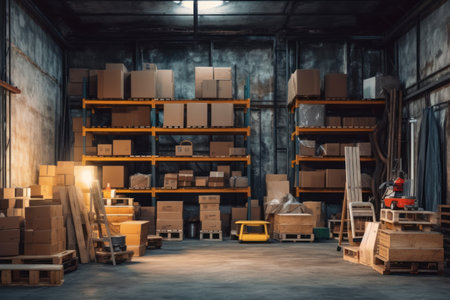 Warehouse interior with shelves and boxes. Blurred background, tonedの素材