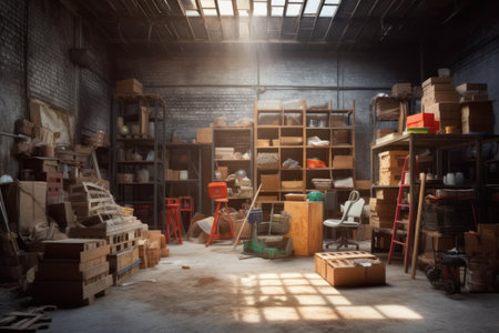 Interior of a warehouse with lots of boxes and other items.の素材