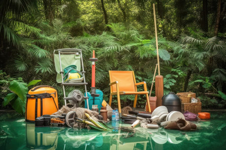Camping equipment on the floor in the green forest,vintage styleの素材